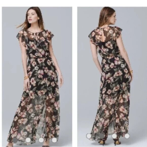 White House Black Market Floral Chiffon Flutter Sleeves Maxi Dress - Picture 1 of 10